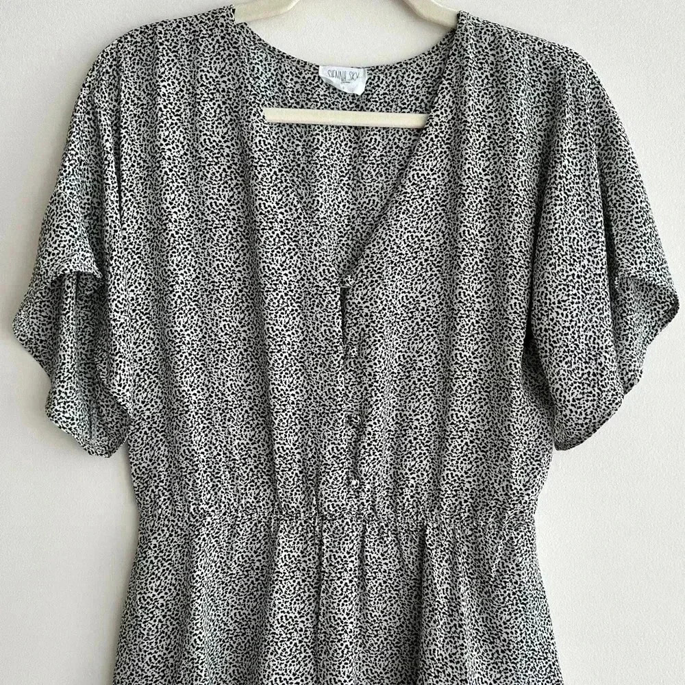 Sienna Sky Dalmatian Print Black and White Button Down Peplum Blouse, Size Med